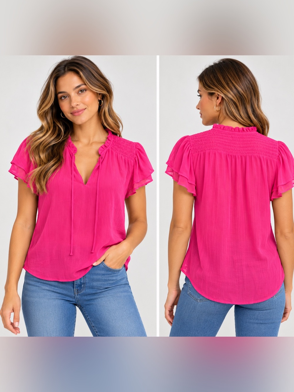 CeCe Hot Pink Smocked Yoke Flutter Sleeve Blouse